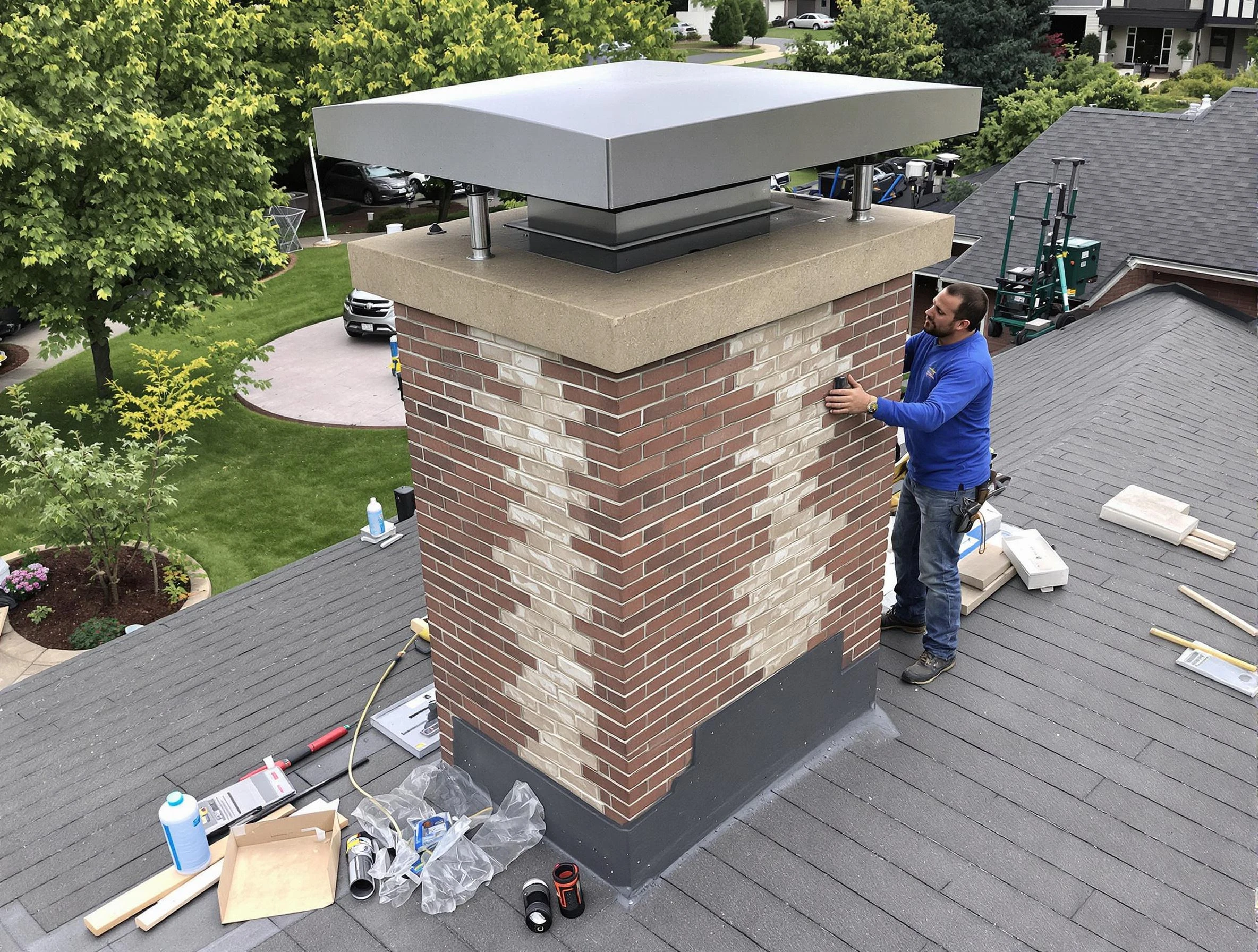 Shawnee Chimney Sweep team working on a custom chimney remodel in Shawnee, OK